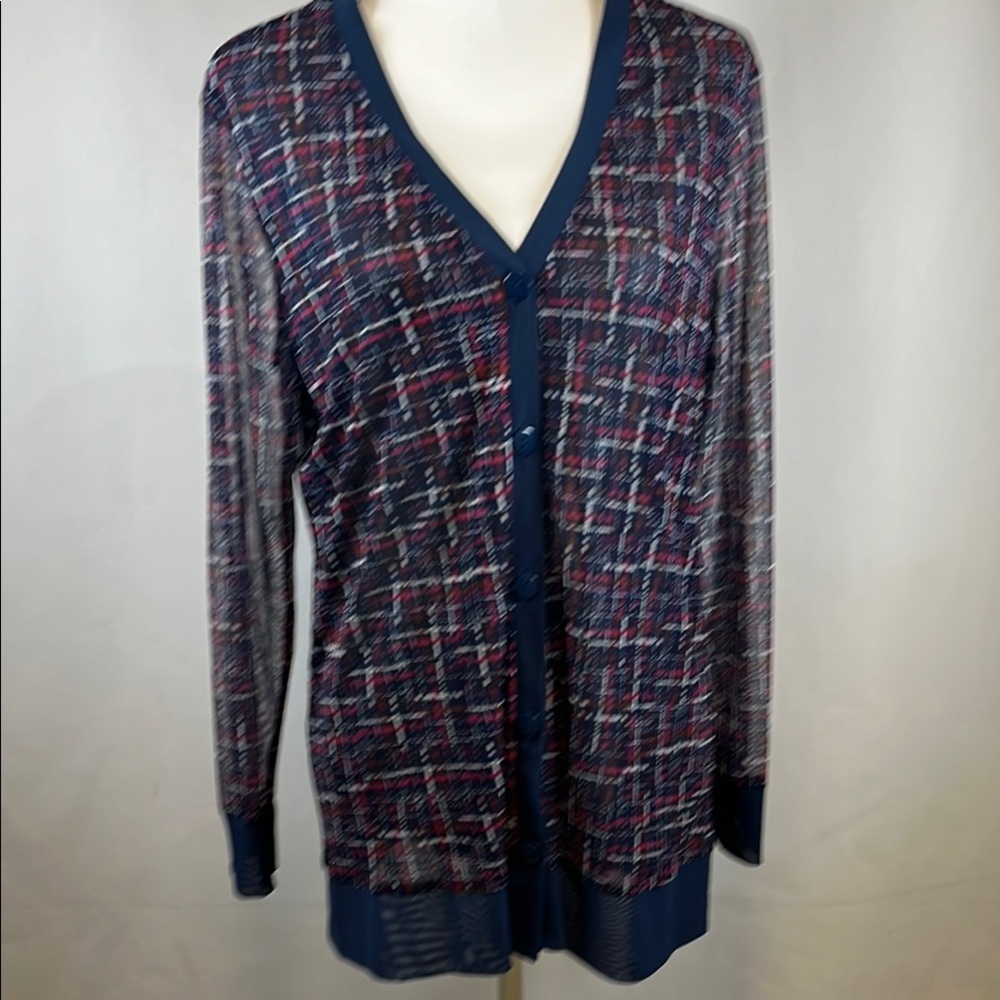 Chico's Navy Blue Abstract Tweed Print Mesh Cardigan Sheer Sleeves & Lined Body